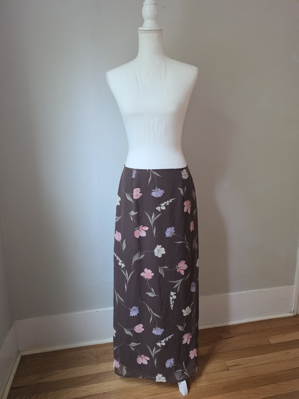 Vintage Express Maxi Skirt in Brown with Pink & Lavender Blooms